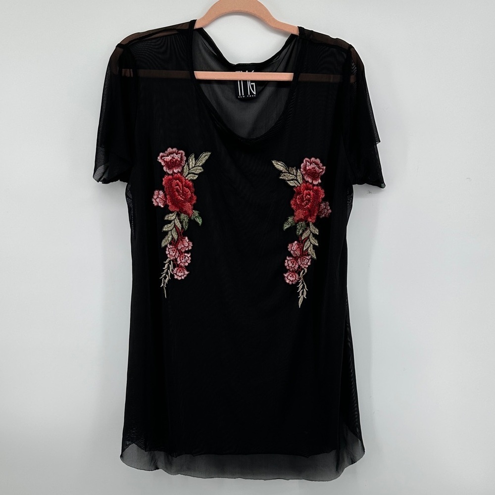 TMG New York Chic Black Mess Top with Red Floral‎ Embroidery Size 1X